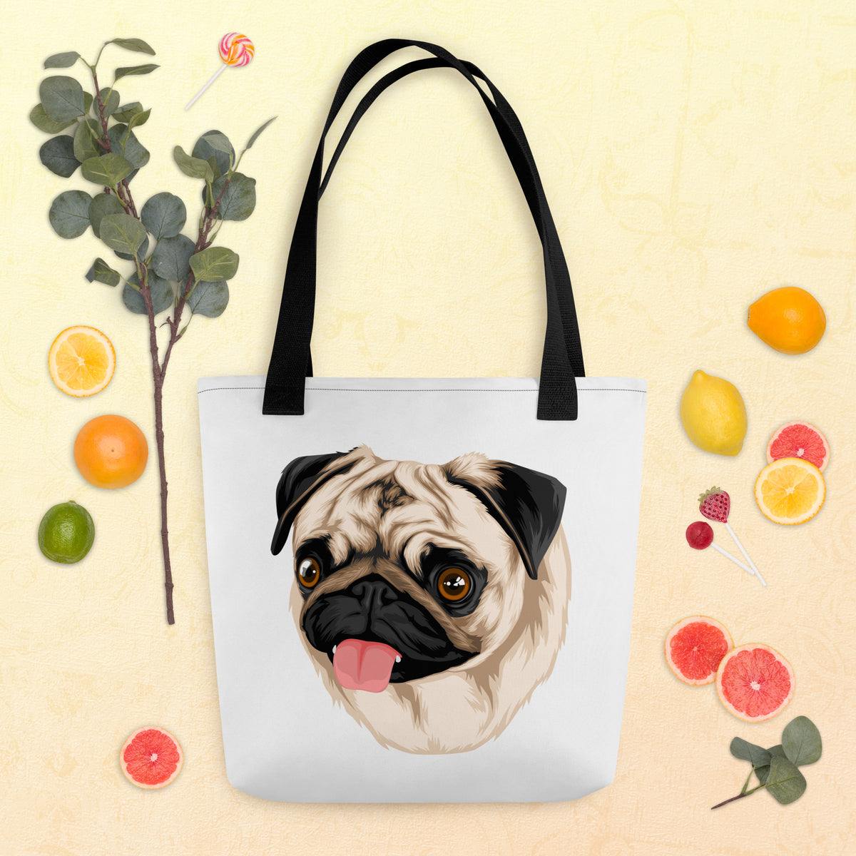 White Tote Bag With Pug