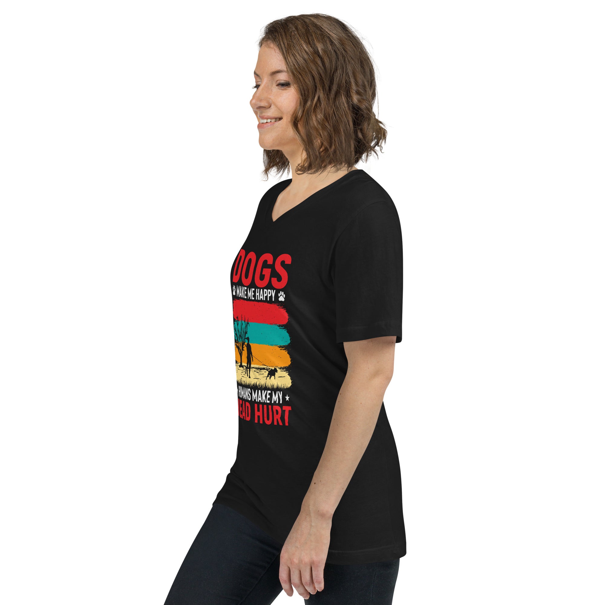 Black Unisex Short Sleeve V-Neck T-Shirt - Dogs Make Me Happy #1