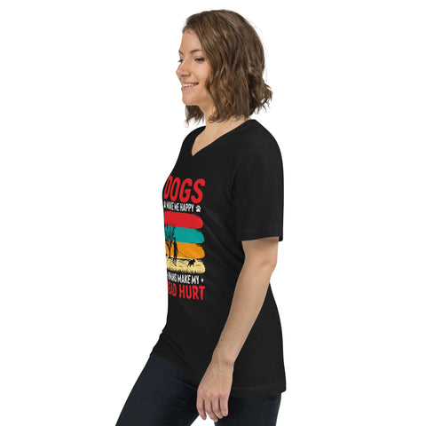 Black Unisex Short Sleeve V-Neck T-Shirt - Dogs Make Me Happy #1