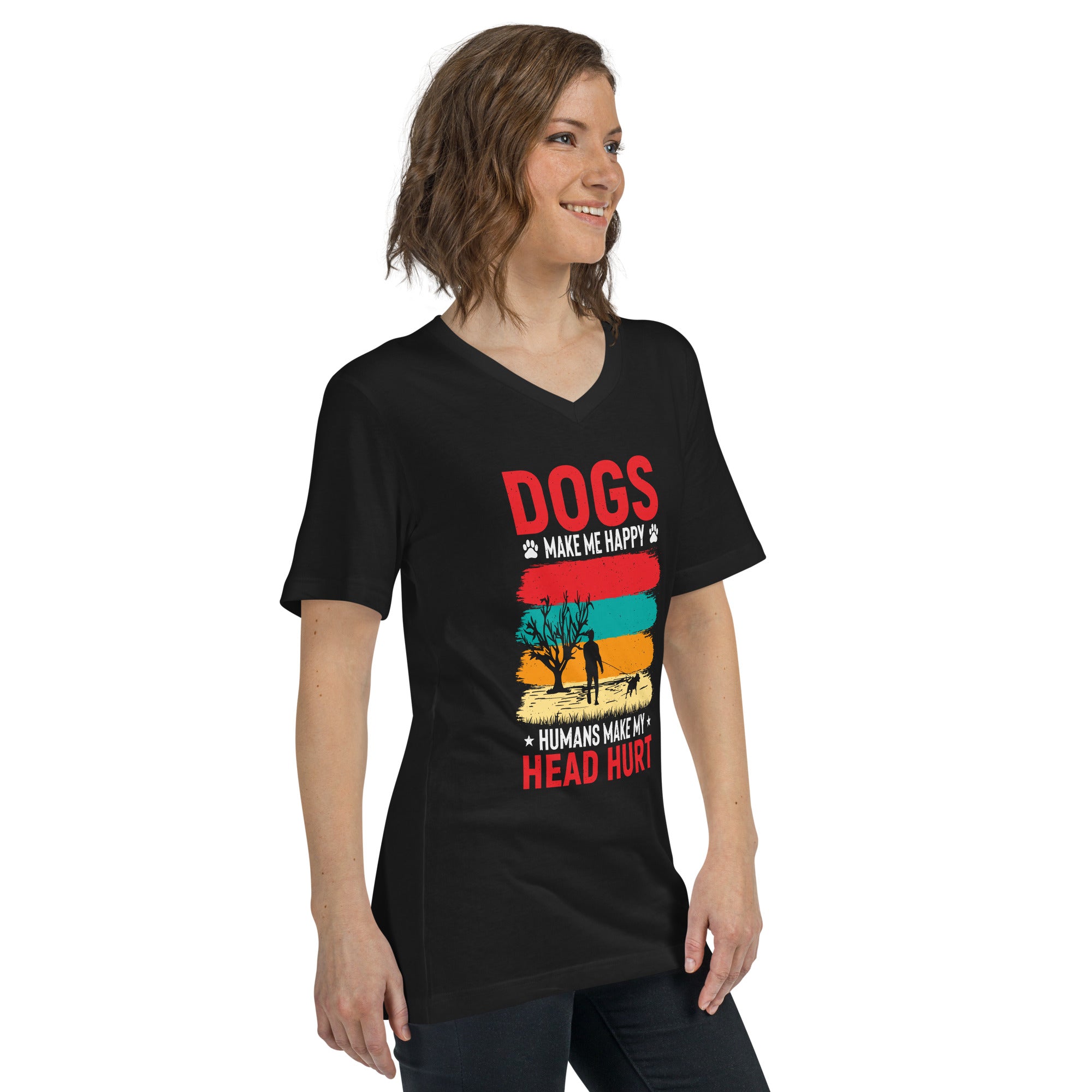 Black Unisex Short Sleeve V-Neck T-Shirt - Dogs Make Me Happy #1