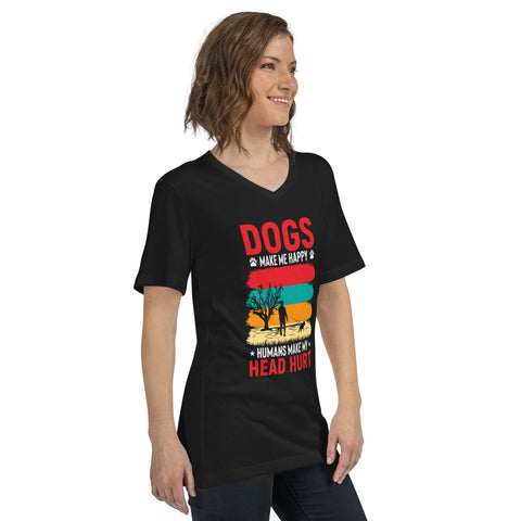 Black Unisex Short Sleeve V-Neck T-Shirt - Dogs Make Me Happy #1
