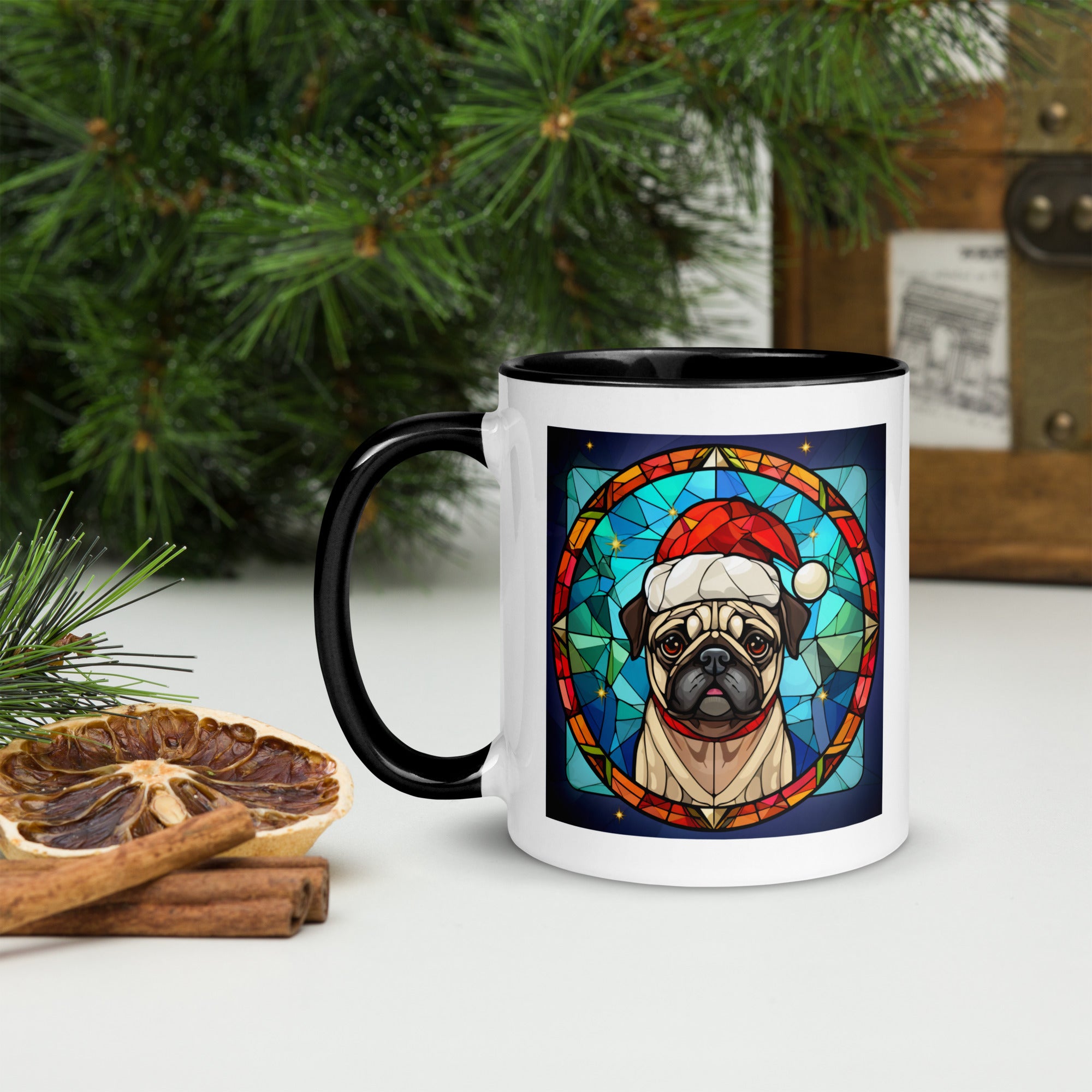 11oz Stained Glass Christmas Pug Mug 1 - Santa Paws