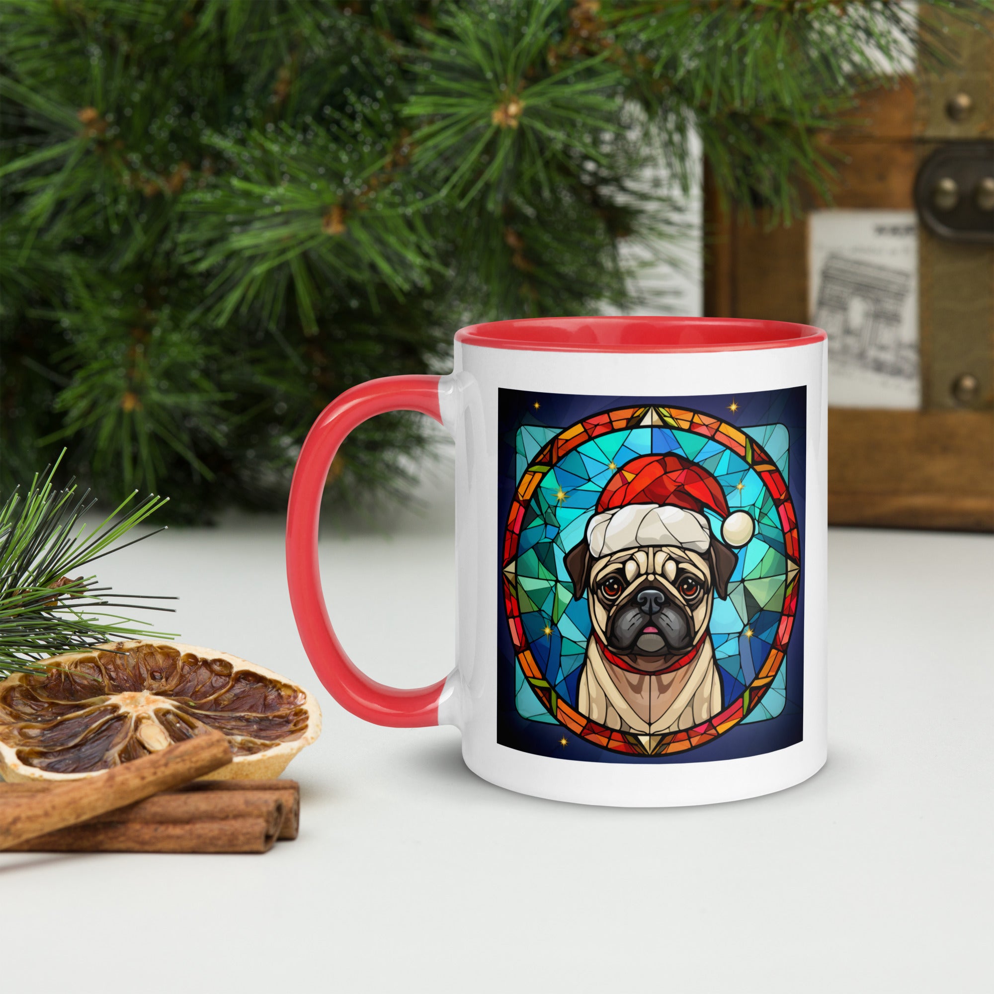 11oz Stained Glass Christmas Pug Mug 1 - Santa Paws
